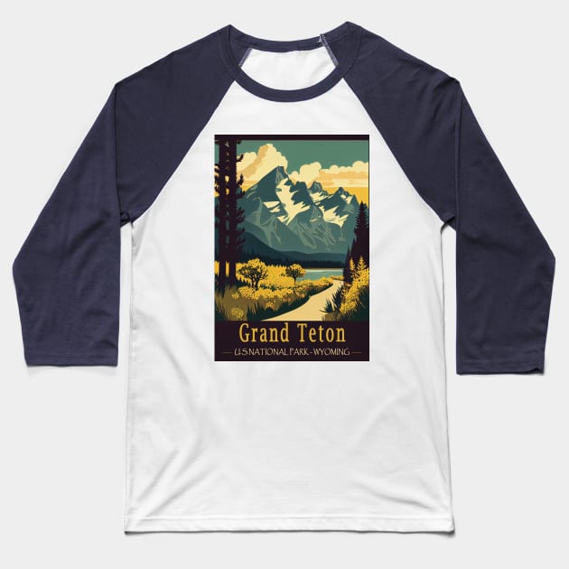 Grand Teton National Park Vintage Travel Poster Baseball T-Shirt by GreenMary Design